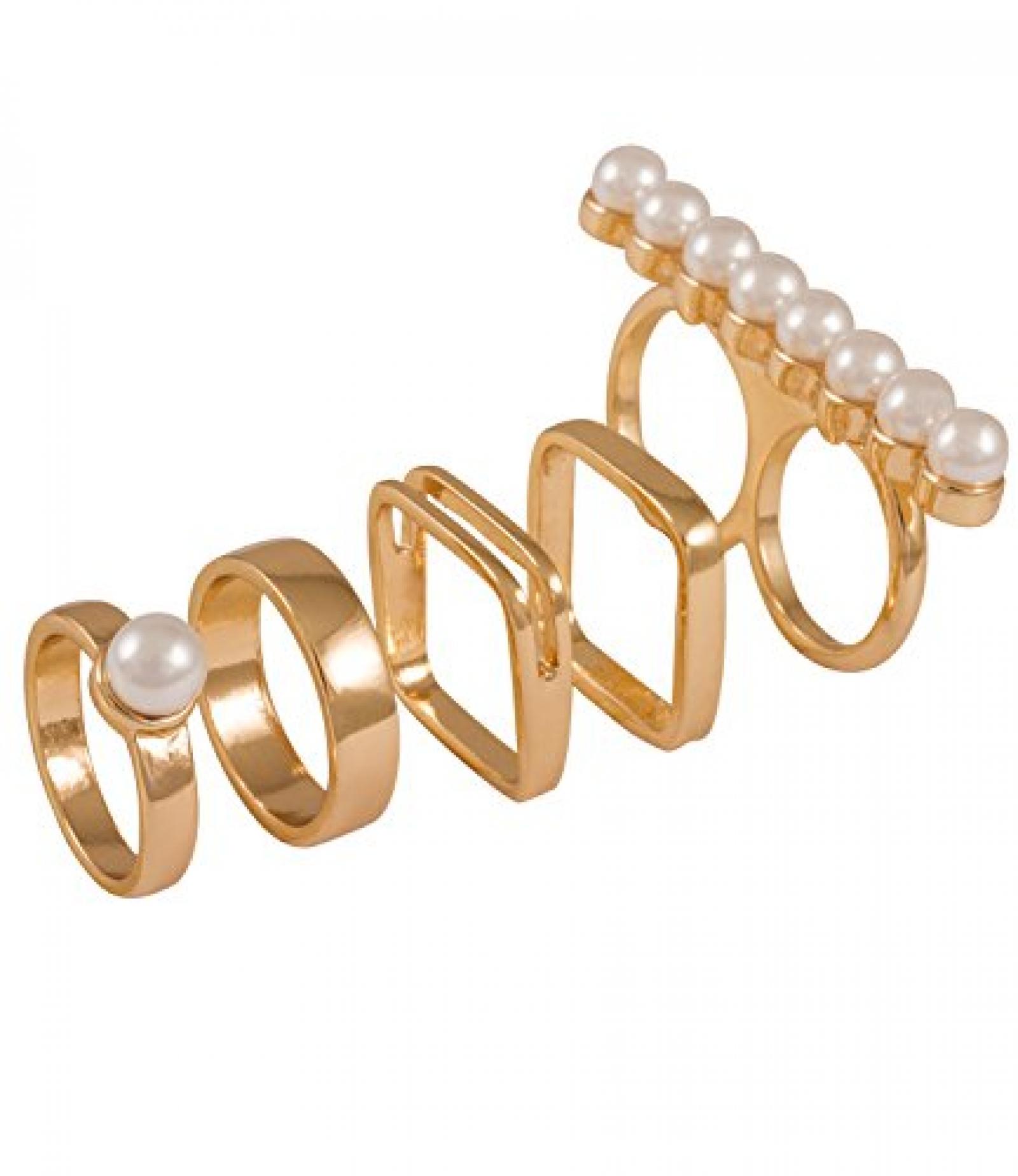 SIX "Statement" 5er Set goldene Ringe mit Perlen, teilweise eckig (392-209) 